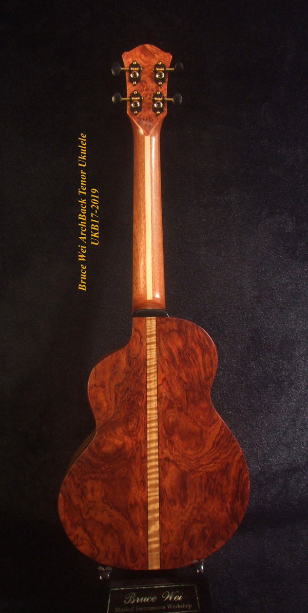 Handmade Tenor Ukulele, Solid Hawaiian Koa, Rosewood, Abalone & MOP Inlay, Soft-bag, Bruce Wei UKB17-2019