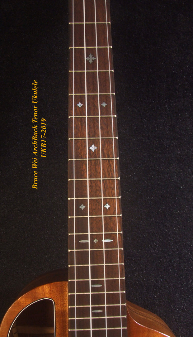 Handmade Tenor Ukulele, Solid Hawaiian Koa, Rosewood, Abalone & MOP Inlay, Soft-bag, Bruce Wei UKB17-2019