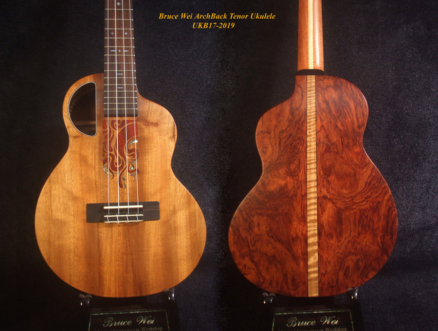 Handmade Tenor Ukulele, Solid Hawaiian Koa, Rosewood, Abalone & MOP Inlay, Soft-bag, Bruce Wei UKB17-2019