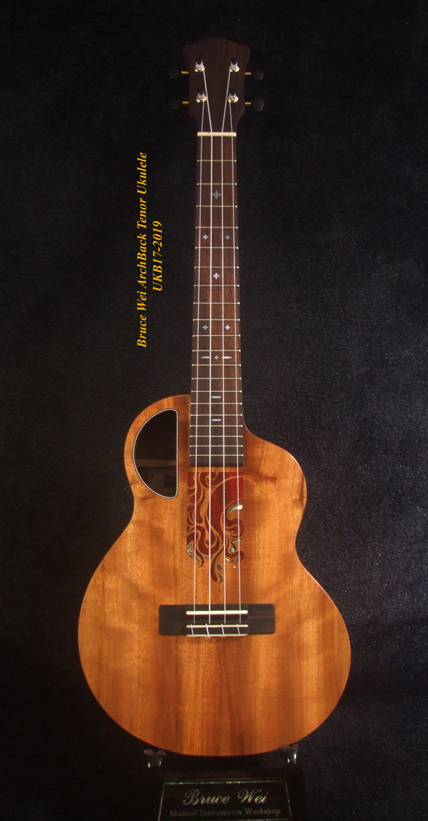 Handmade Tenor Ukulele, Solid Hawaiian Koa, Rosewood, Abalone & MOP Inlay, Soft-bag, Bruce Wei UKB17-2019