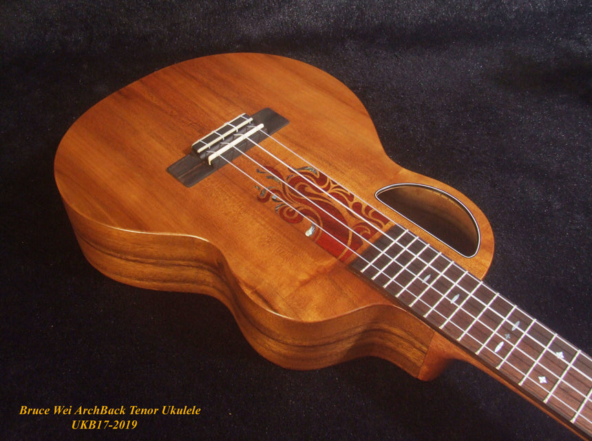 Handmade Tenor Ukulele, Solid Hawaiian Koa, Rosewood, Abalone & MOP Inlay, Soft-bag, Bruce Wei UKB17-2019