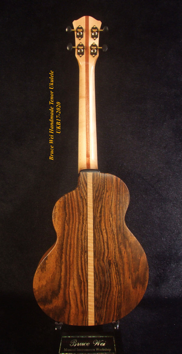 Handmade Tenor Ukulele, Solid Acacia, Bocote, Abalone & MOP Inlay, Soft-bag, Bruce Wei UKB17-2020