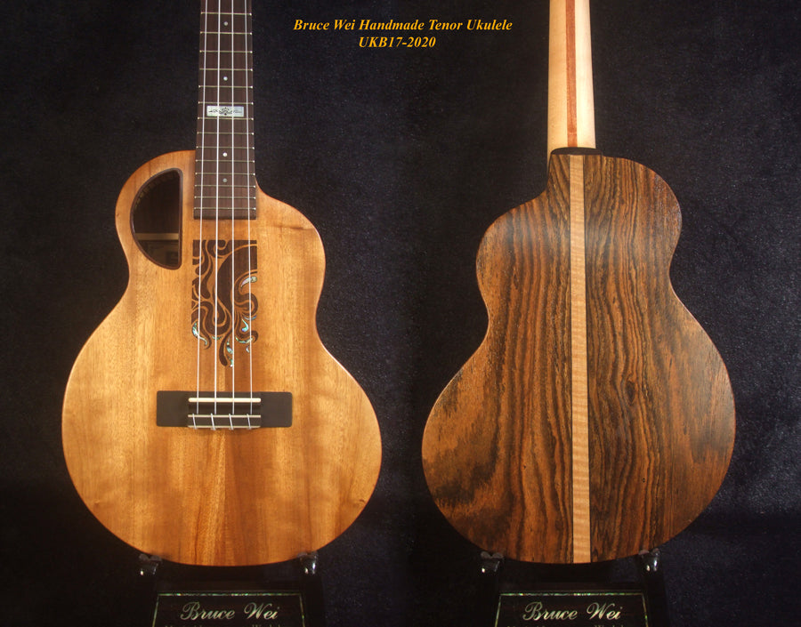 Handmade Tenor Ukulele, Solid Acacia, Bocote, Abalone & MOP Inlay, Soft-bag, Bruce Wei UKB17-2020