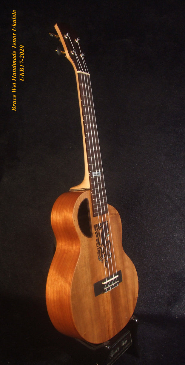 Handmade Tenor Ukulele, Solid Acacia, Bocote, Abalone & MOP Inlay, Soft-bag, Bruce Wei UKB17-2020