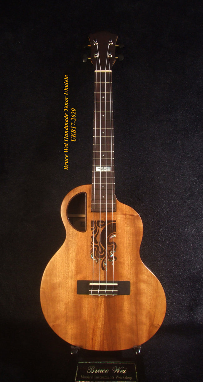 Handmade Tenor Ukulele, Solid Acacia, Bocote, Abalone & MOP Inlay, Soft-bag, Bruce Wei UKB17-2020
