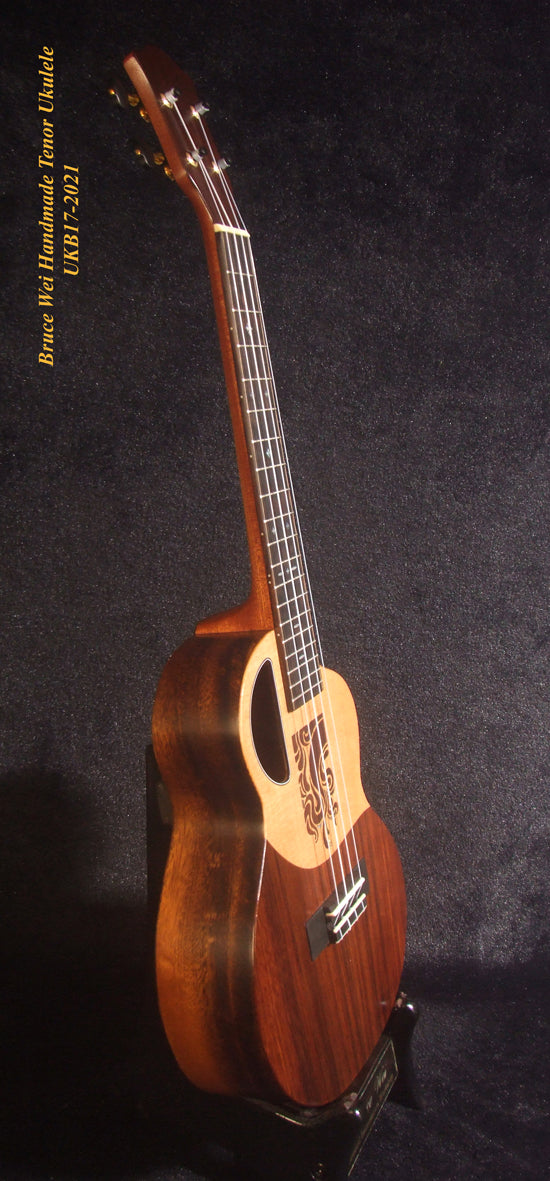 Handmade Tenor Ukulele, Solid Hawaiian Koa, Acacia, Abalone & MOP Inlay, Soft-bag, Bruce Wei UKB17-2021