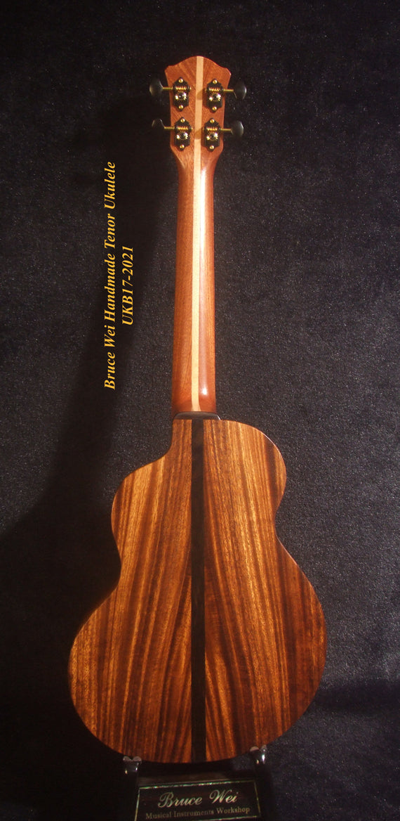 Handmade Tenor Ukulele, Solid Hawaiian Koa, Acacia, Abalone & MOP Inlay, Soft-bag, Bruce Wei UKB17-2021