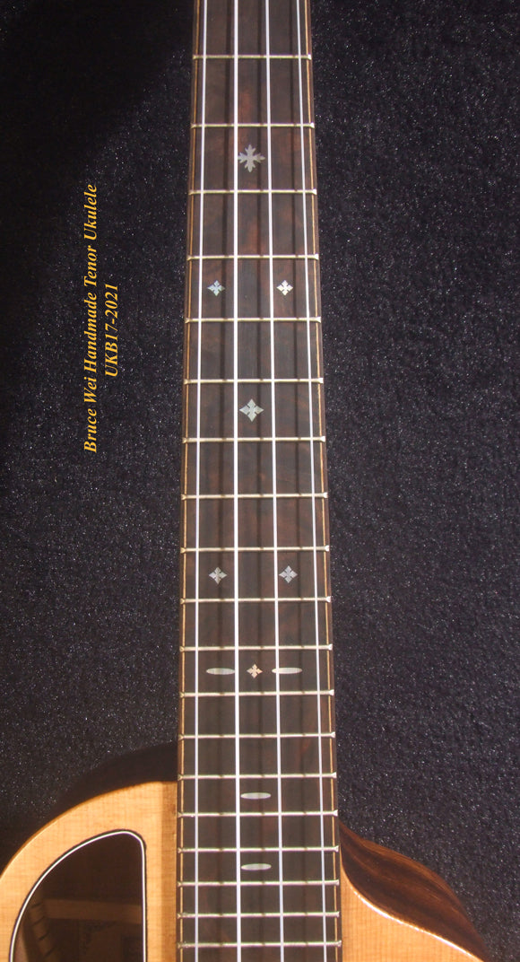 Handmade Tenor Ukulele, Solid Hawaiian Koa, Acacia, Abalone & MOP Inlay, Soft-bag, Bruce Wei UKB17-2021