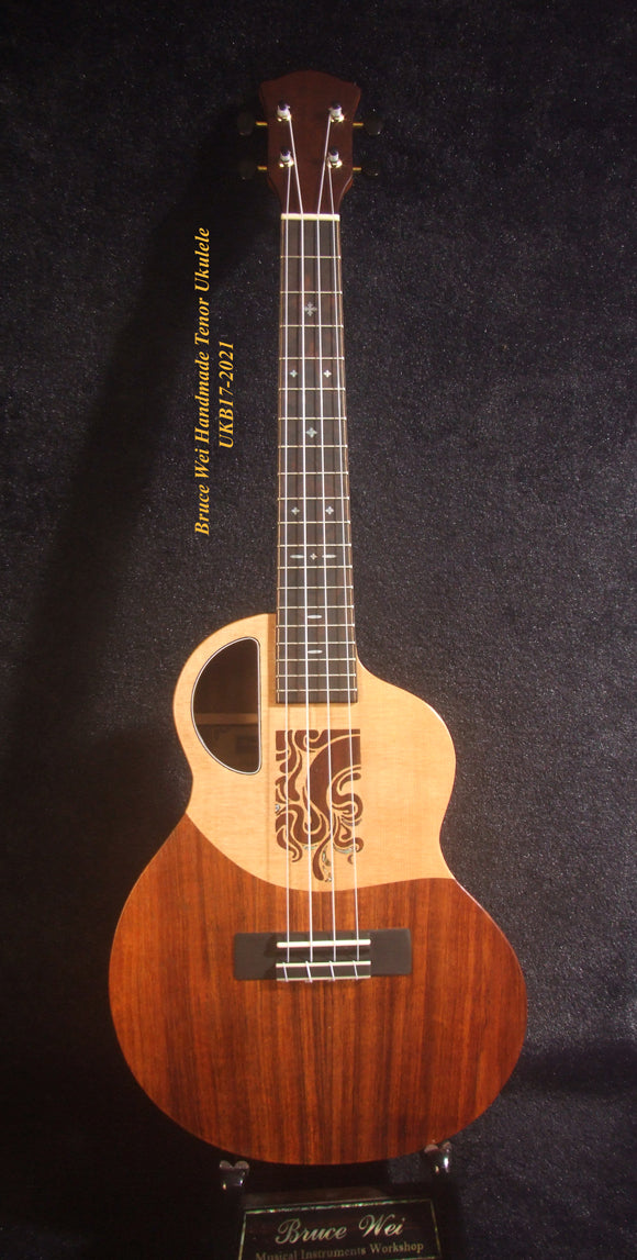 Handmade Tenor Ukulele, Solid Hawaiian Koa, Acacia, Abalone & MOP Inlay, Soft-bag, Bruce Wei UKB17-2021