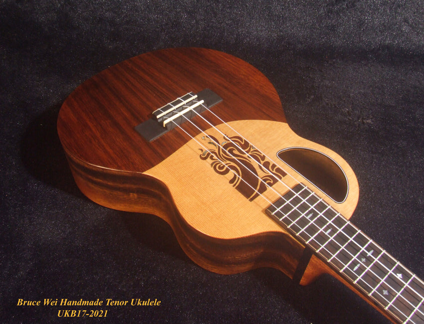 Handmade Tenor Ukulele, Solid Hawaiian Koa, Acacia, Abalone & MOP Inlay, Soft-bag, Bruce Wei UKB17-2021