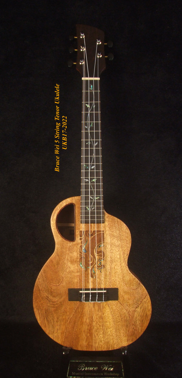 5 String Tenor Ukulele, Handmade Mango & Mahogany, Abalone Vine Inlay, Soft-bag, Bruce Wei UKB17-2022