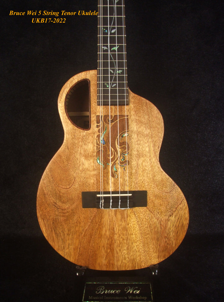 5 String Tenor Ukulele, Handmade Mango & Mahogany, Abalone Vine Inlay, Soft-bag, Bruce Wei UKB17-2022