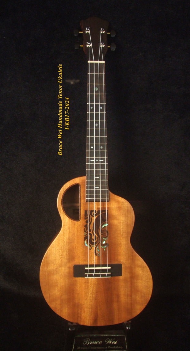 Handmade Tenor Ukulele, Solid Acacia, Abalone & MOP Inlay, Soft-bag, Bruce Wei UKB17-2024