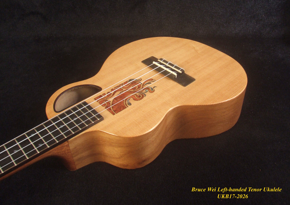 Handmade Left-handed Tenor Ukulele, Solid Spruce & Zebra wood, MOP Inlay, Soft-bag, Bruce Wei UKB17-2026