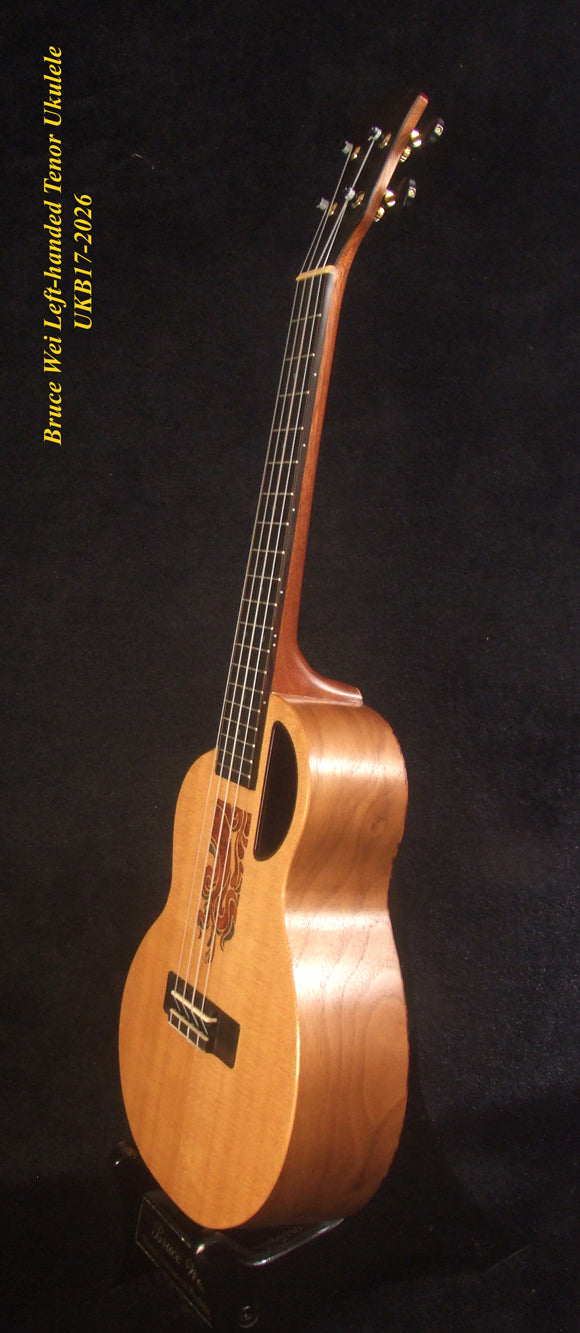 Handmade Left-handed Tenor Ukulele, Solid Spruce & Zebra wood, MOP Inlay, Soft-bag, Bruce Wei UKB17-2026