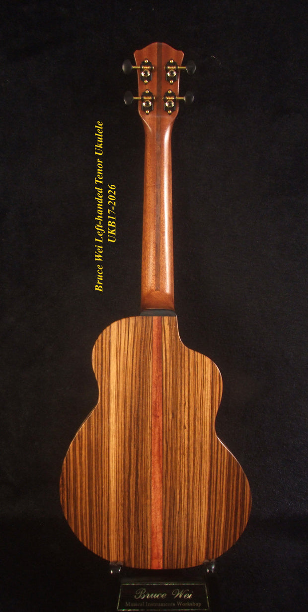 Handmade Left-handed Tenor Ukulele, Solid Spruce & Zebra wood, MOP Inlay, Soft-bag, Bruce Wei UKB17-2026