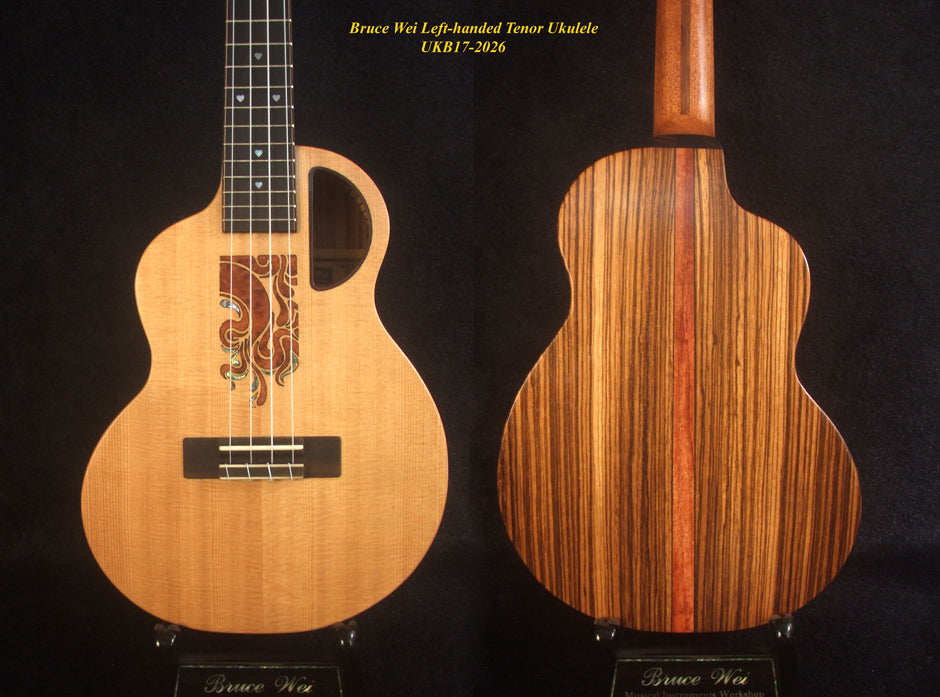 Handmade Left-handed Tenor Ukulele, Solid Spruce & Zebra wood, MOP Inlay, Soft-bag, Bruce Wei UKB17-2026