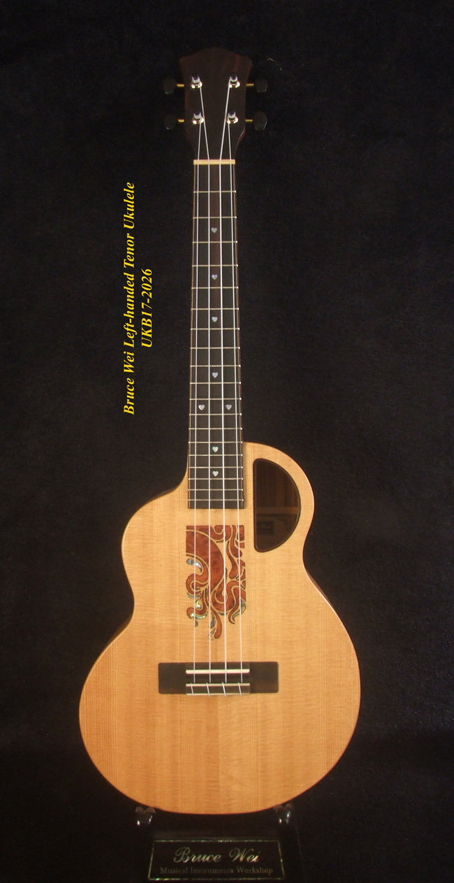 Handmade Left-handed Tenor Ukulele, Solid Spruce & Zebra wood, MOP Inlay, Soft-bag, Bruce Wei UKB17-2026