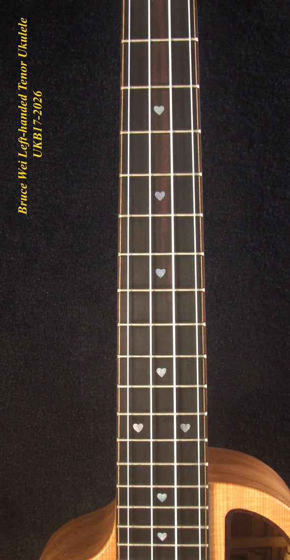 Handmade Left-handed Tenor Ukulele, Solid Spruce & Zebra wood, MOP Inlay, Soft-bag, Bruce Wei UKB17-2026
