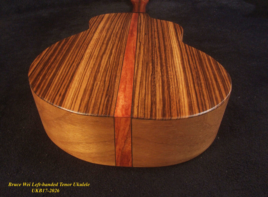 Handmade Left-handed Tenor Ukulele, Solid Spruce & Zebra wood, MOP Inlay, Soft-bag, Bruce Wei UKB17-2026
