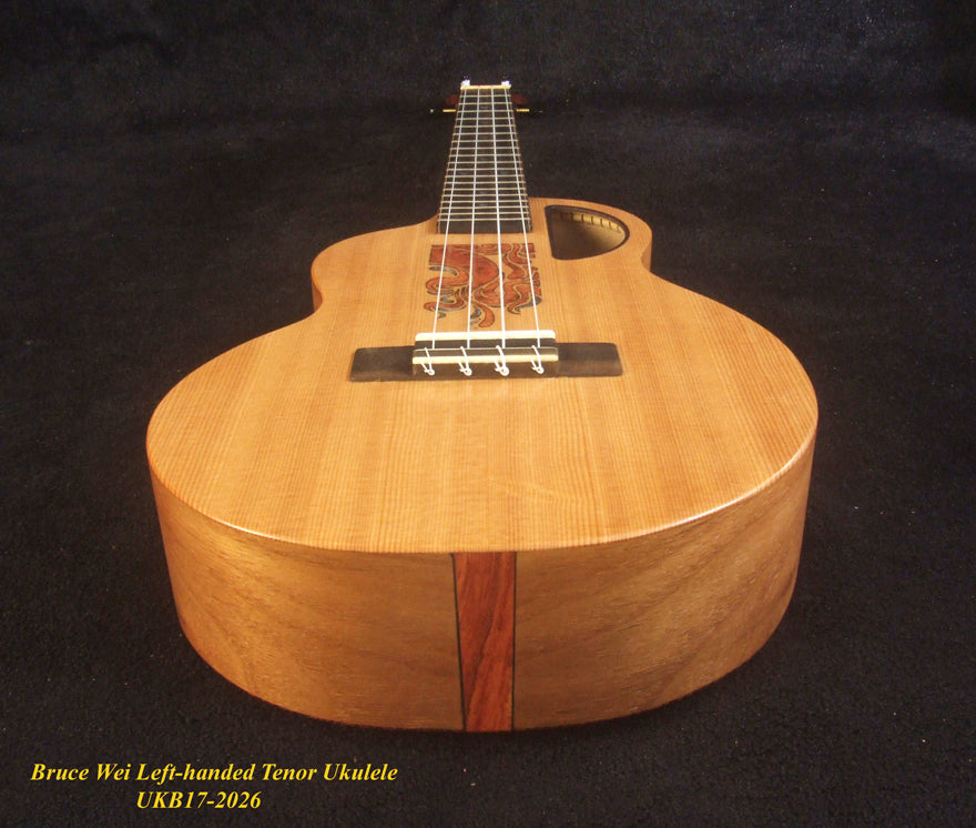 Handmade Left-handed Tenor Ukulele, Solid Spruce & Zebra wood, MOP Inlay, Soft-bag, Bruce Wei UKB17-2026