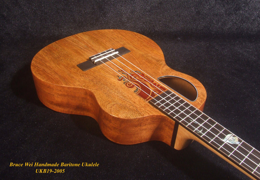 Handcrafted 4 String Baritone Ukulele, Solid Mango & Acacia, Flower inlay, Soft-bag, Bruce Wei UKB19-2005