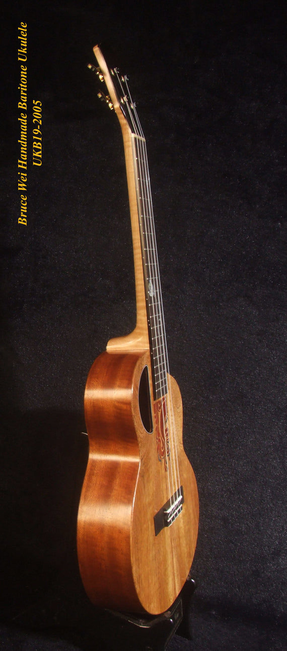 Handcrafted 4 String Baritone Ukulele, Solid Mango & Acacia, Flower inlay, Soft-bag, Bruce Wei UKB19-2005