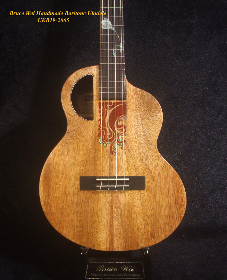 Handcrafted 4 String Baritone Ukulele, Solid Mango & Acacia, Flower inlay, Soft-bag, Bruce Wei UKB19-2005