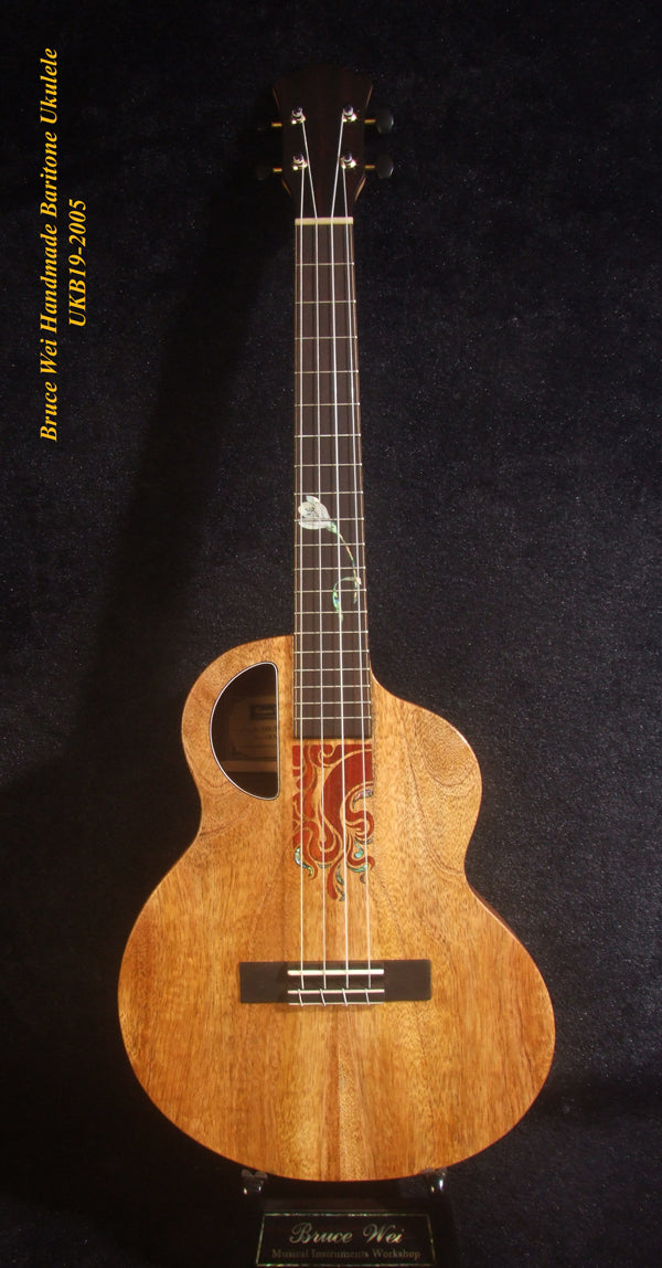 Handcrafted 4 String Baritone Ukulele, Solid Mango & Acacia, Flower inlay, Soft-bag, Bruce Wei UKB19-2005