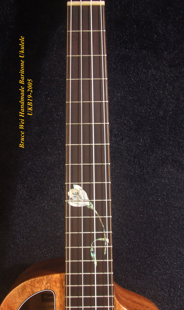 Handcrafted 4 String Baritone Ukulele, Solid Mango & Acacia, Flower inlay, Soft-bag, Bruce Wei UKB19-2005