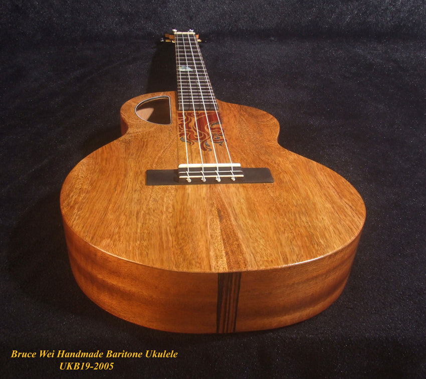 Handcrafted 4 String Baritone Ukulele, Solid Mango & Acacia, Flower inlay, Soft-bag, Bruce Wei UKB19-2005
