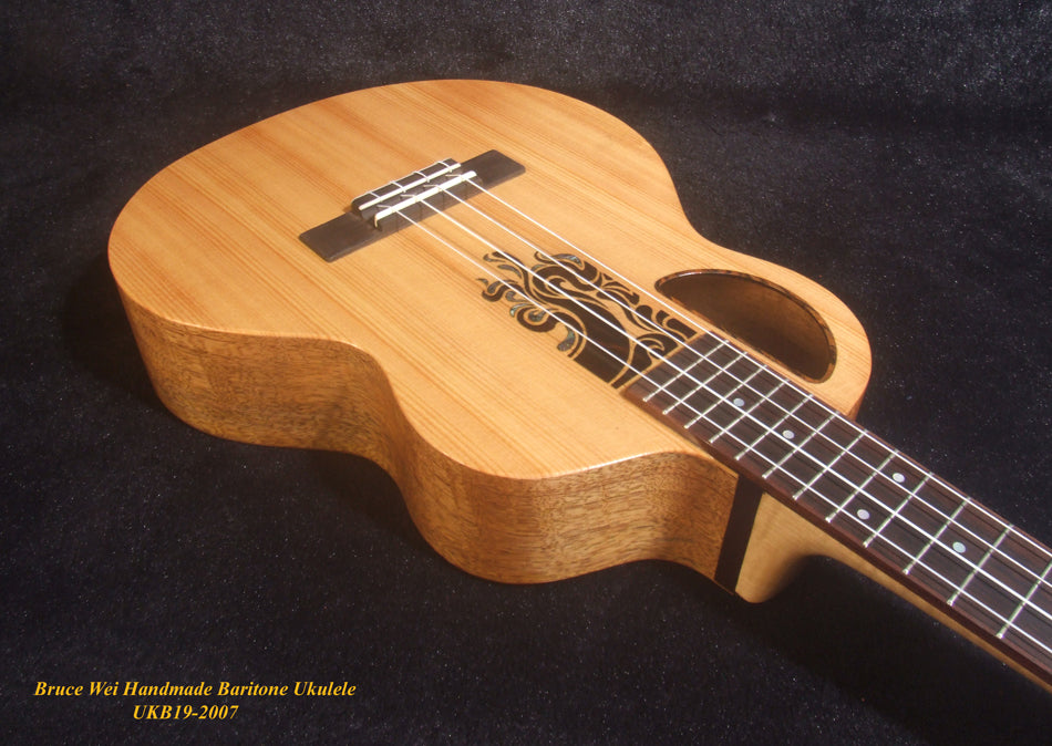 Handcrafted 4 String Baritone Ukulele, Solid Spruce & Curly Maple, Soft-bag, Bruce Wei UKB19-2007