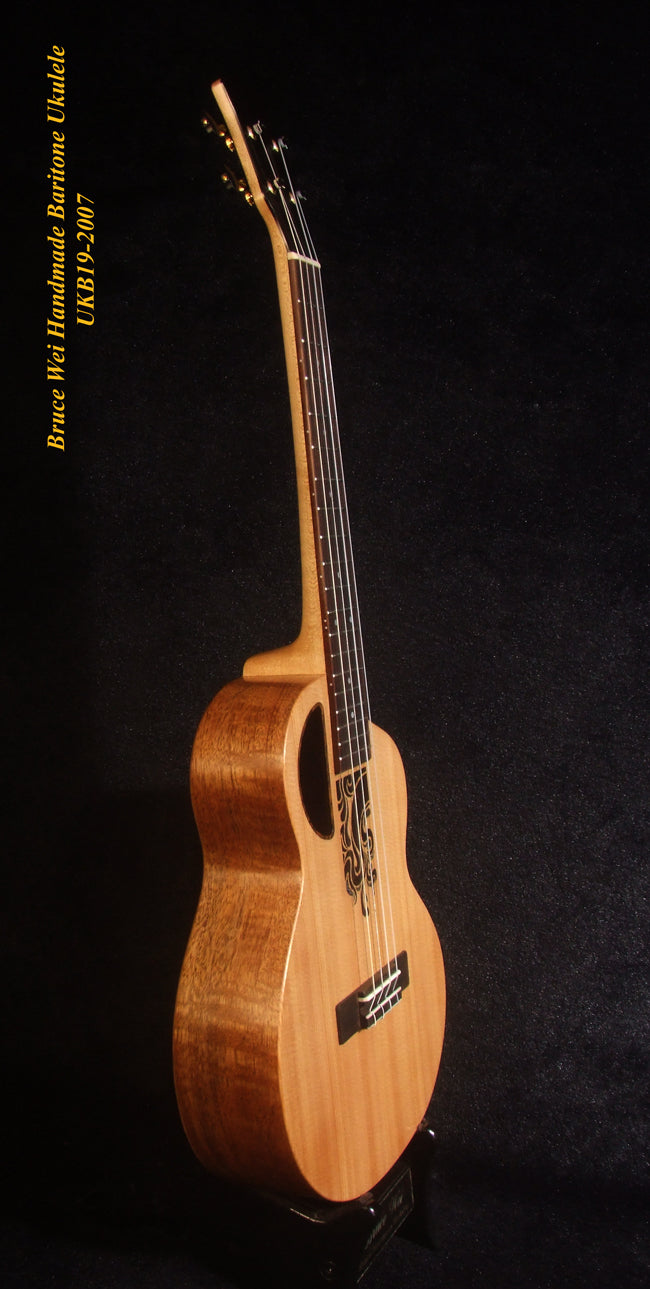 Handcrafted 4 String Baritone Ukulele, Solid Spruce & Curly Maple, Soft-bag, Bruce Wei UKB19-2007