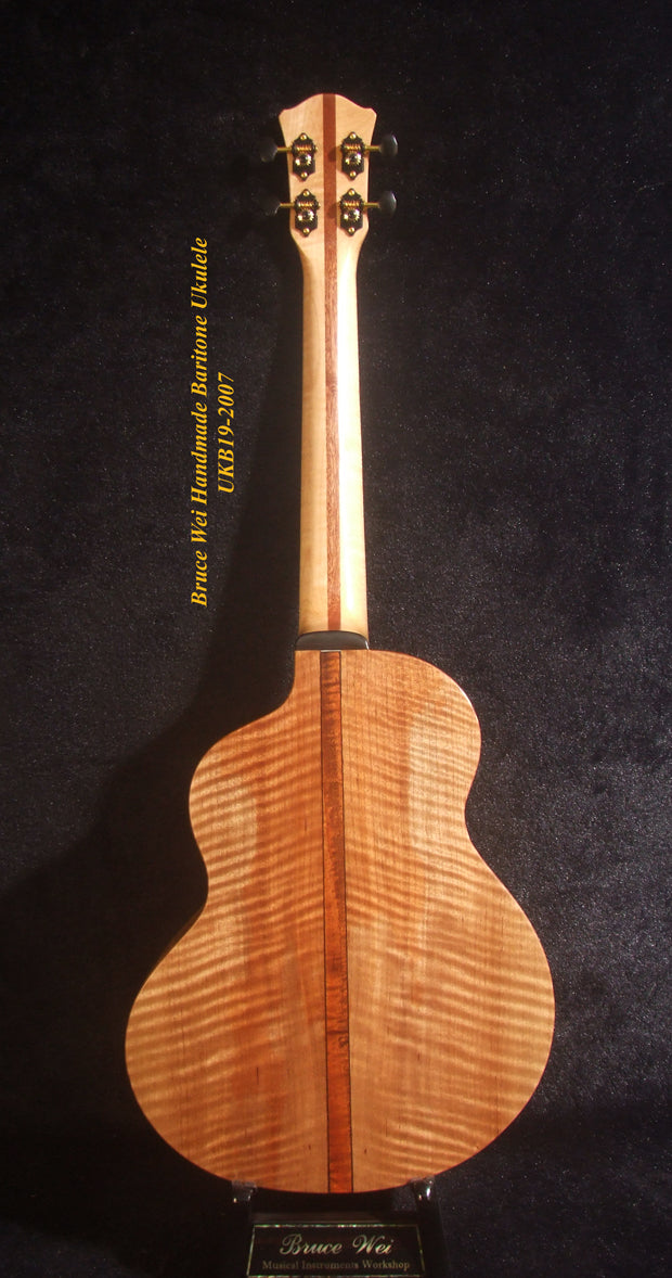 Handcrafted 4 String Baritone Ukulele, Solid Spruce & Curly Maple, Soft-bag, Bruce Wei UKB19-2007