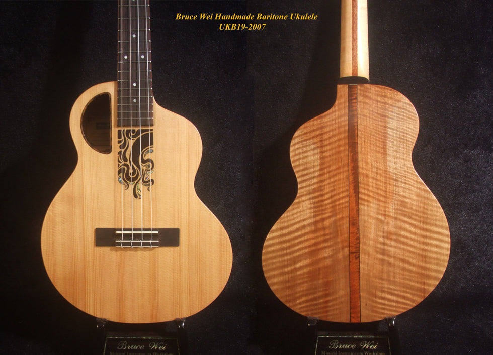 Handcrafted 4 String Baritone Ukulele, Solid Spruce & Curly Maple, Soft-bag, Bruce Wei UKB19-2007