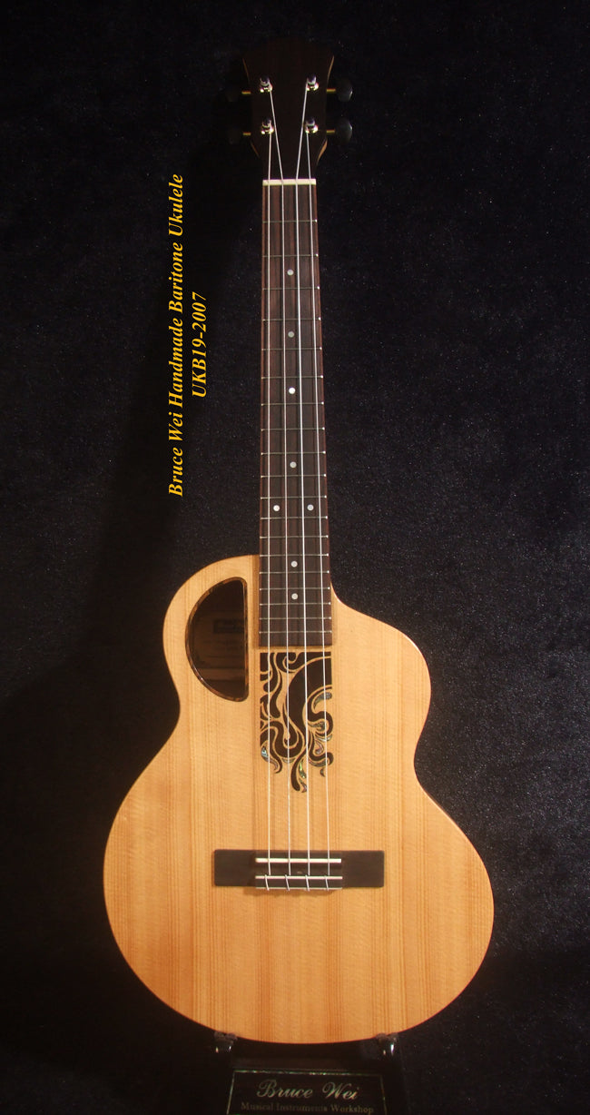 Handcrafted 4 String Baritone Ukulele, Solid Spruce & Curly Maple, Soft-bag, Bruce Wei UKB19-2007