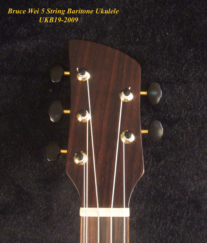 Handcrafted 5 String Baritone Ukulele, Curly Hawaiian Koa, Maple Leaf Inlay, Soft-bag, Bruce Wei UKB19-2009