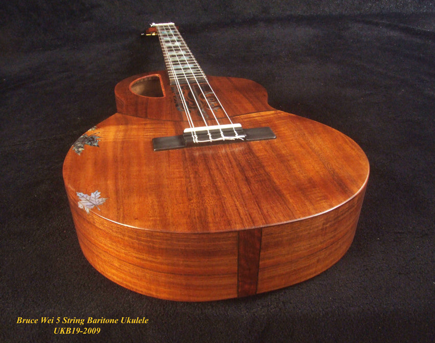 Handcrafted 5 String Baritone Ukulele, Curly Hawaiian Koa, Maple Leaf Inlay, Soft-bag, Bruce Wei UKB19-2009