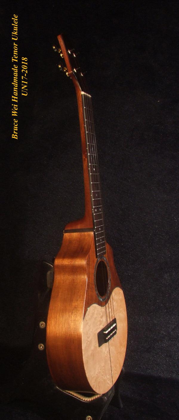 Handmade Tenor Ukulele Solid Hawaiian Koa, Birdseye, Rosewood, Soft-bag, Bruce Wei UN17-2018
