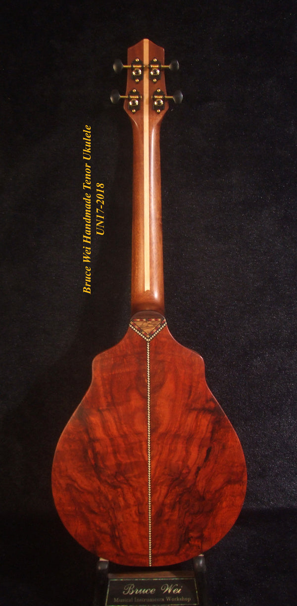 Handmade Tenor Ukulele Solid Hawaiian Koa, Birdseye, Rosewood, Soft-bag, Bruce Wei UN17-2018