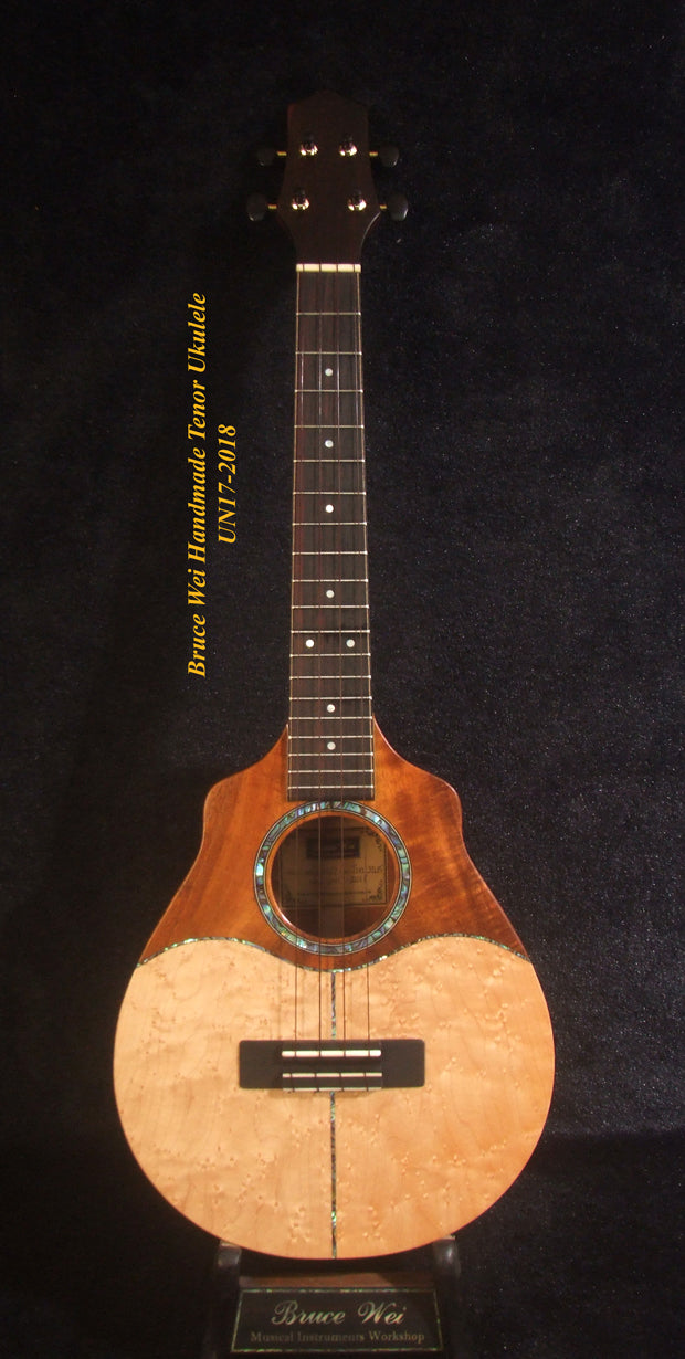 Handmade Tenor Ukulele Solid Hawaiian Koa, Birdseye, Rosewood, Soft-bag, Bruce Wei UN17-2018