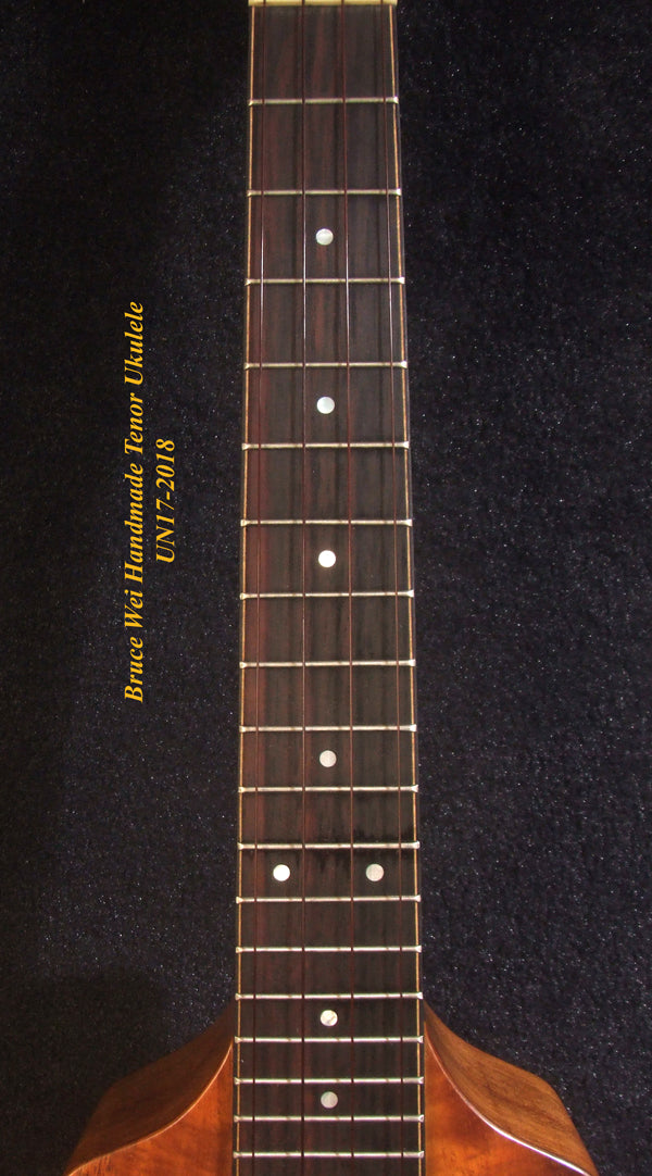 Handmade Tenor Ukulele Solid Hawaiian Koa, Birdseye, Rosewood, Soft-bag, Bruce Wei UN17-2018