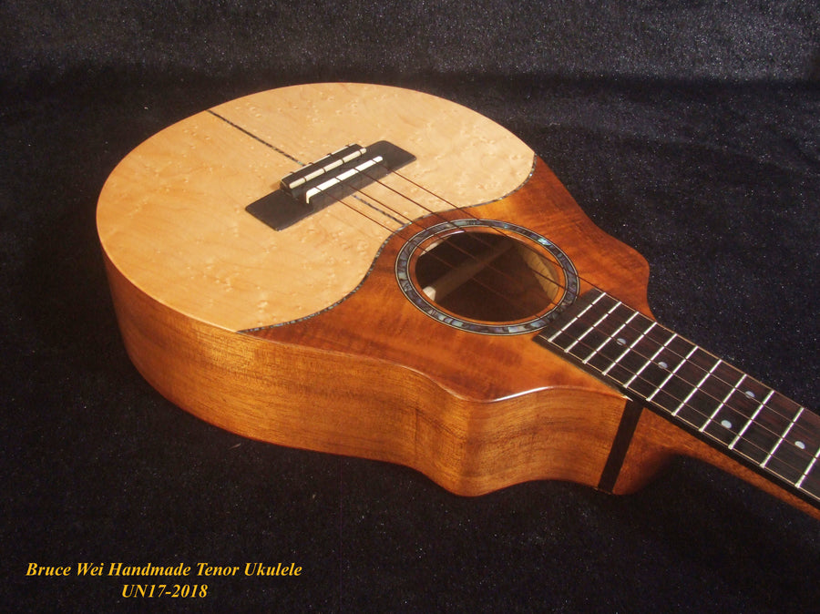 Handmade Tenor Ukulele Solid Hawaiian Koa, Birdseye, Rosewood, Soft-bag, Bruce Wei UN17-2018