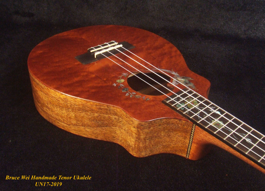 Handmade Tenor Ukulele, Solid Curly Mahogany, Spalted Rosewood, Bird & Floral inlay, Soft-bag, Bruce Wei
