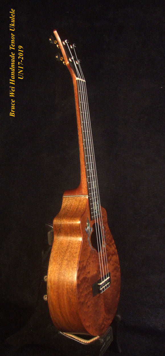 Handmade Tenor Ukulele, Solid Curly Mahogany, Spalted Rosewood, Bird & Floral inlay, Soft-bag, Bruce Wei