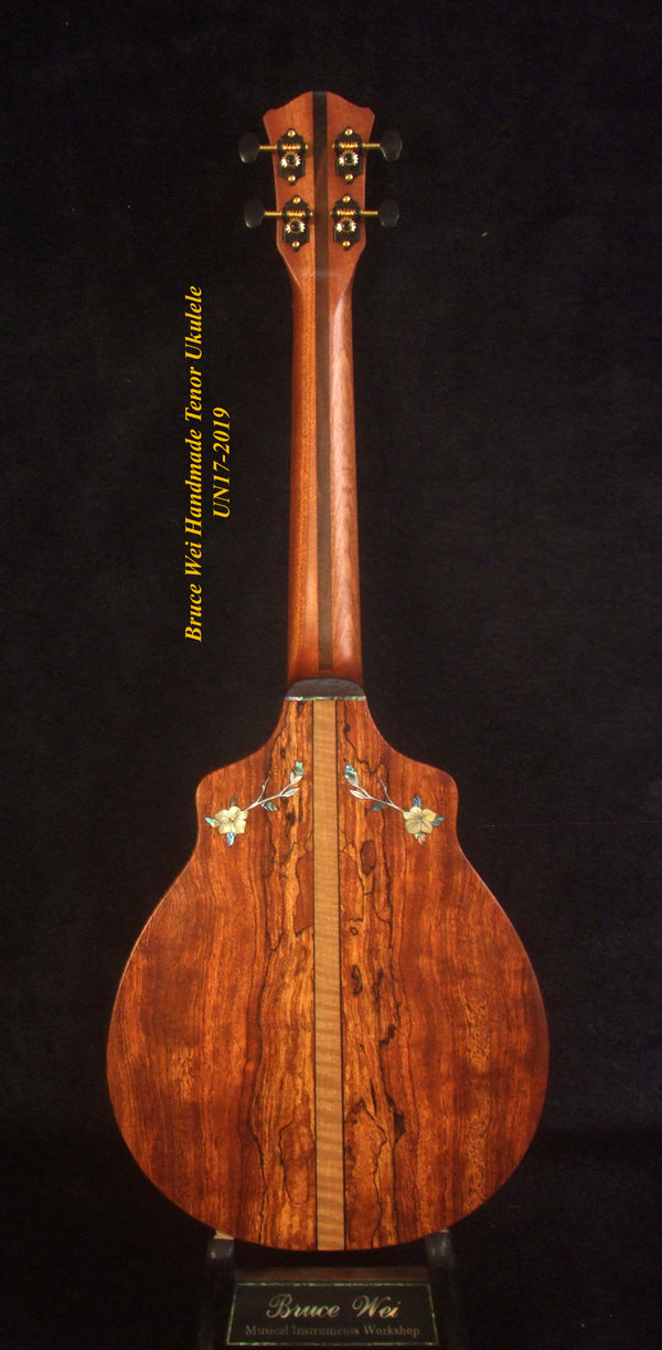 Handmade Tenor Ukulele, Solid Curly Mahogany, Spalted Rosewood, Bird & Floral inlay, Soft-bag, Bruce Wei