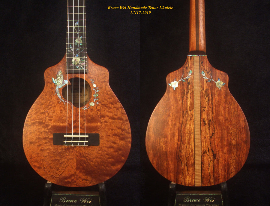 Handmade Tenor Ukulele, Solid Curly Mahogany, Spalted Rosewood, Bird & Floral inlay, Soft-bag, Bruce Wei