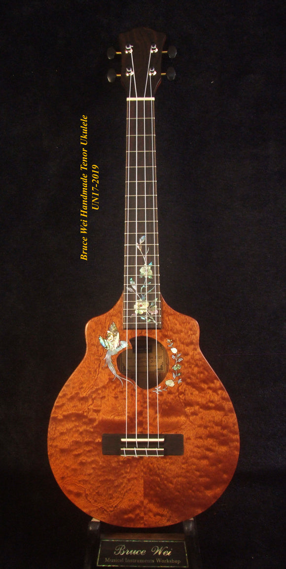 Handmade Tenor Ukulele, Solid Curly Mahogany, Spalted Rosewood, Bird & Floral inlay, Soft-bag, Bruce Wei