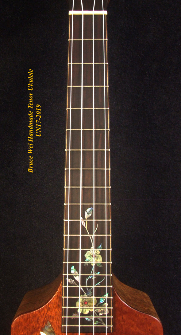 Handmade Tenor Ukulele, Solid Curly Mahogany, Spalted Rosewood, Bird & Floral inlay, Soft-bag, Bruce Wei