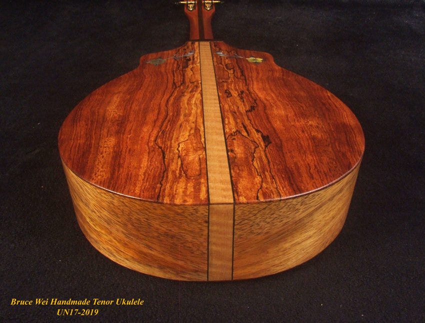 Handmade Tenor Ukulele, Solid Curly Mahogany, Spalted Rosewood, Bird & Floral inlay, Soft-bag, Bruce Wei